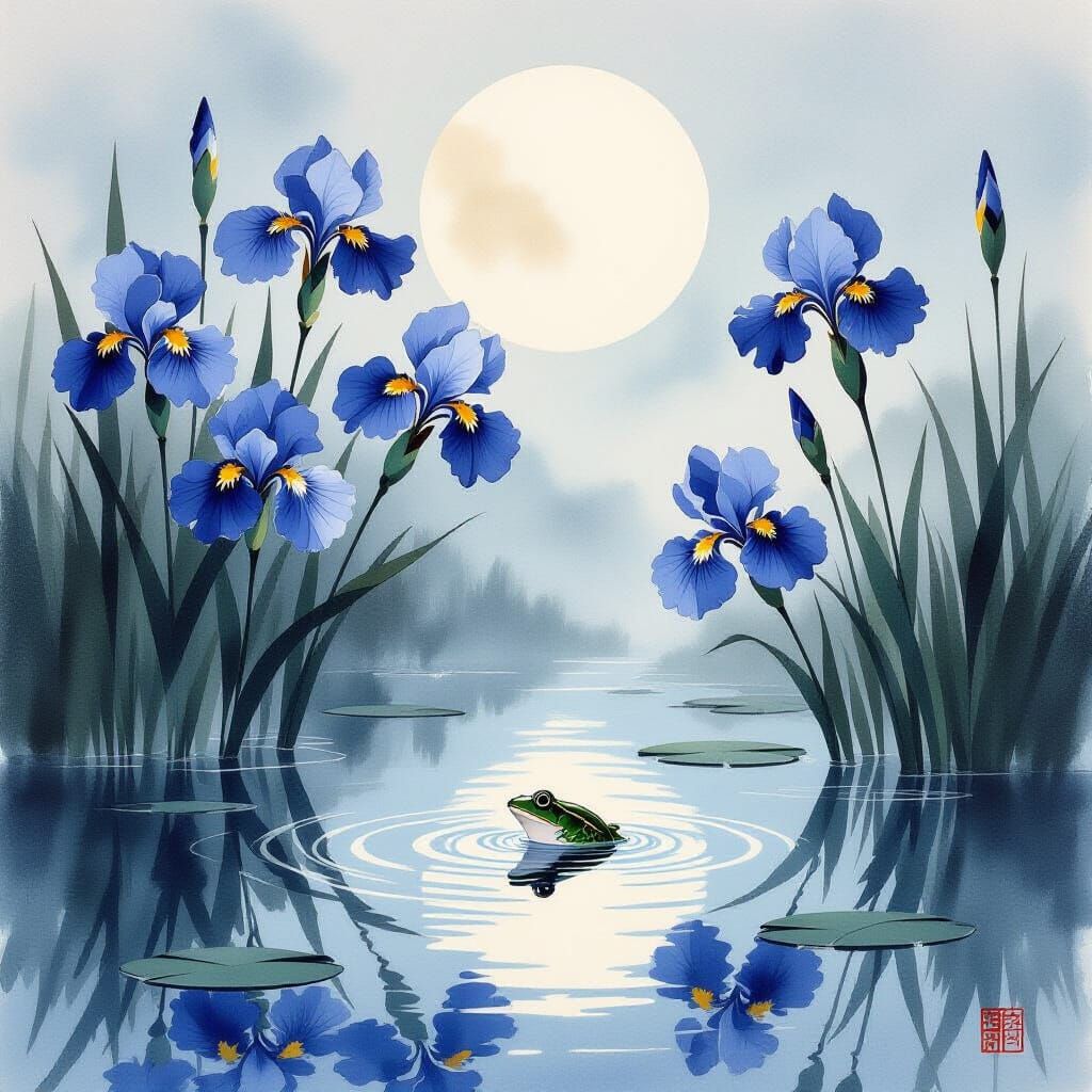 Blue Irises Bloom: Shin Hanga Moonlit Pond