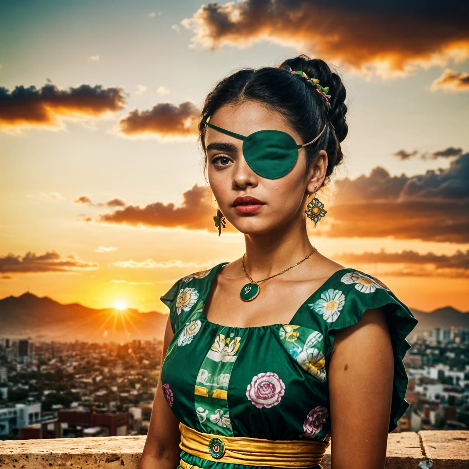 Latina Woman with Eyepatch in Frida Kahlo Style