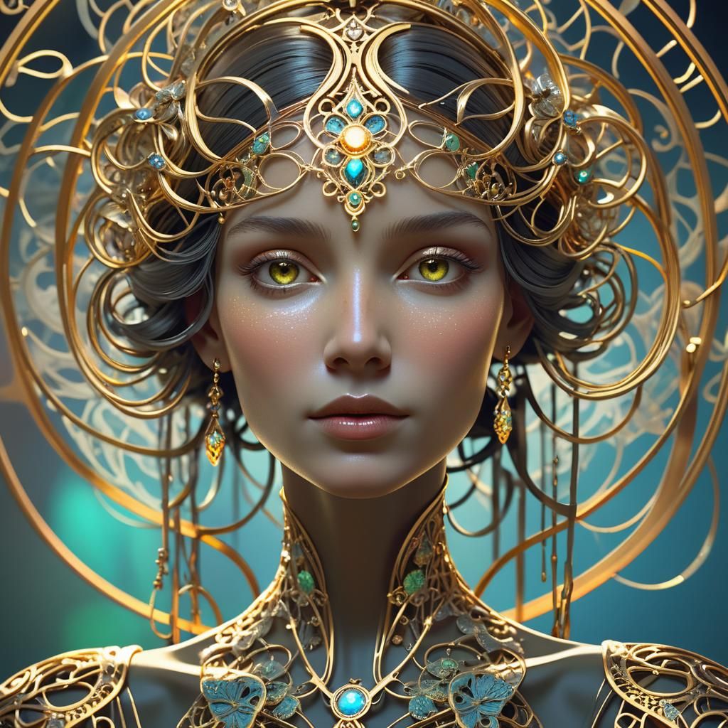 A Delicate, Art Nouveau-Inspired Woman with Intricate Detail...