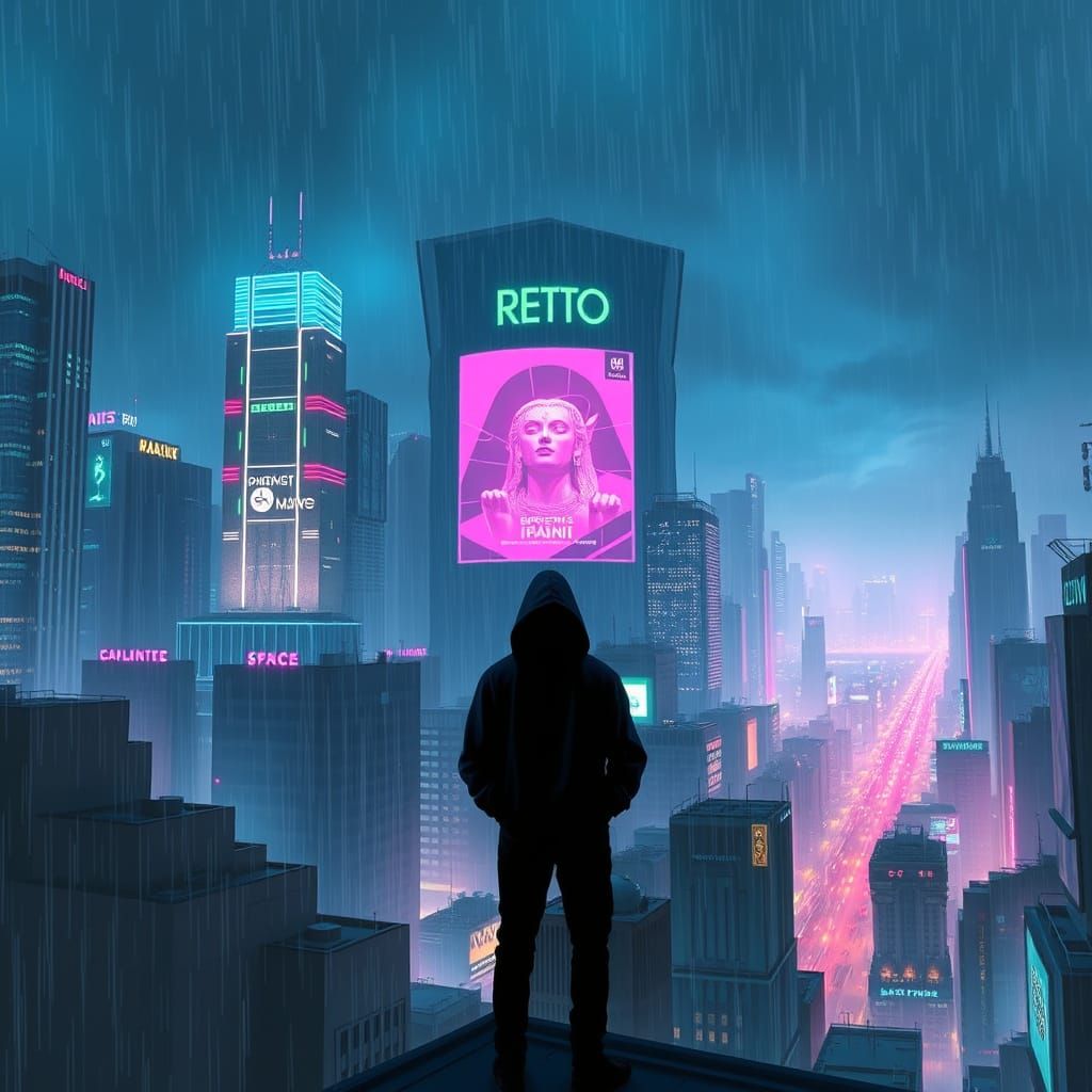 Cyberpunk Cityscape at Dusk, with a Lonely Figure and Ancien...