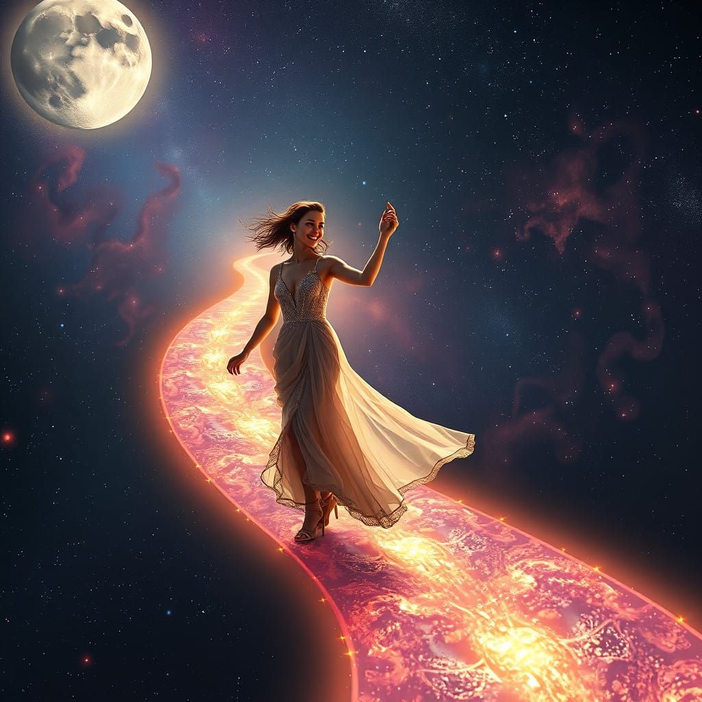 Couple Dancing Under Starry Cosmos in Dreamlike Matte Painti...