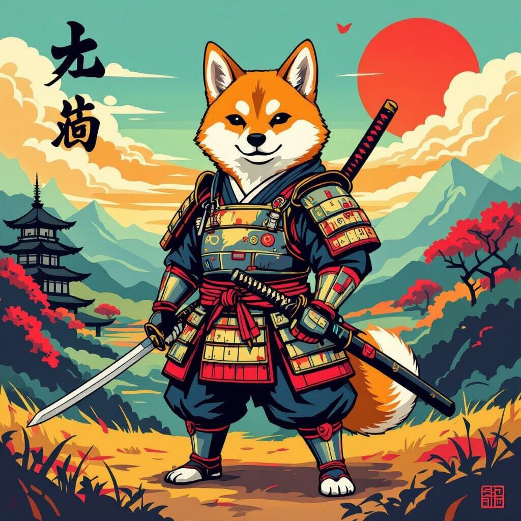 Armored Shiba Inu Samurai in Japanese Landscape