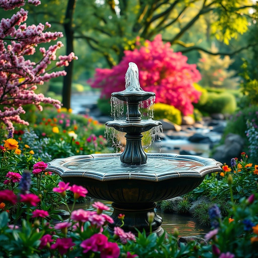 Dreamy Garden Fountain in Soft Natural Lighting