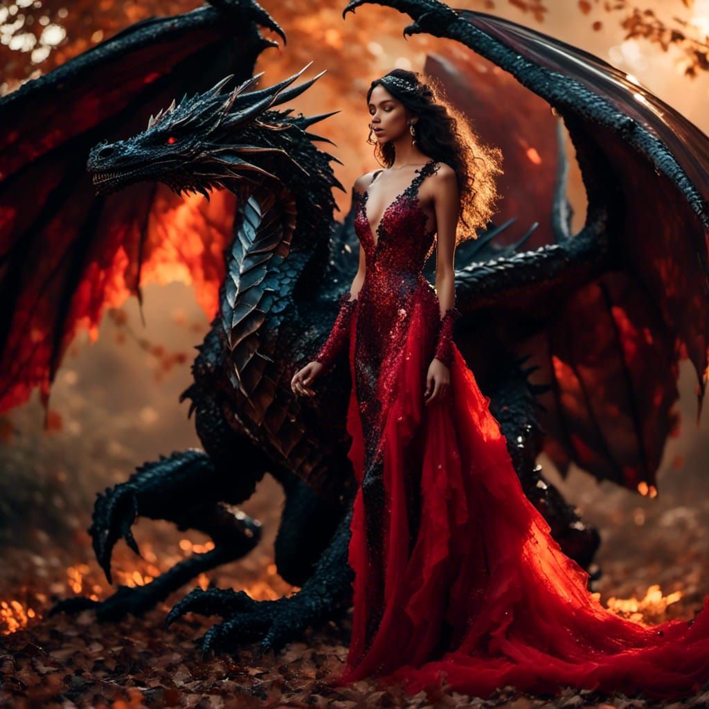 Majestic Black Dragon Guarding a Goddess