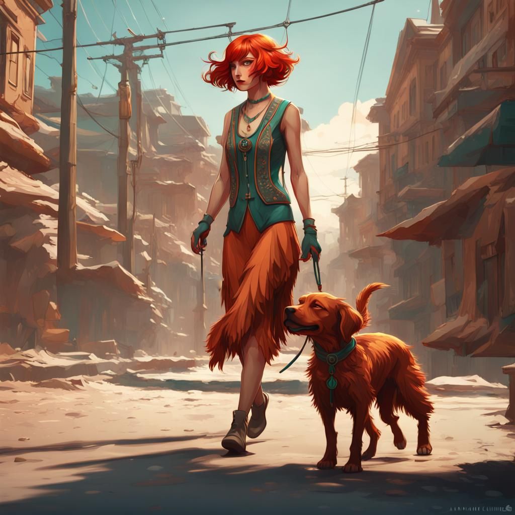Flapper Girl with Dog in Art Nouveau Style