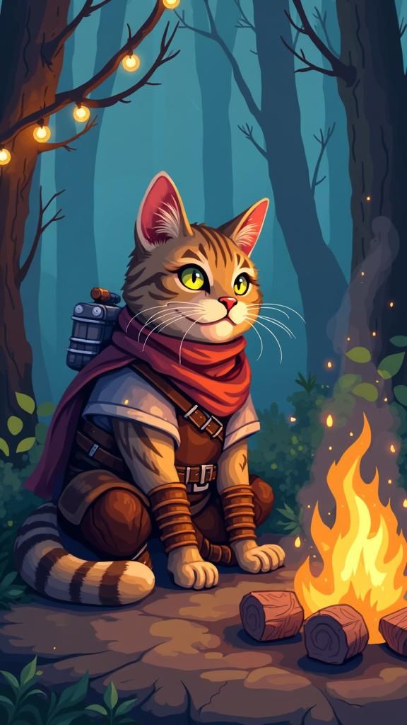 Pixel Art Cat Warrior Bonfire in Mystical Forest
