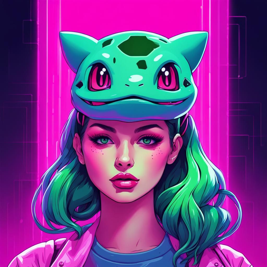 Bulbasaur Girl in Synthwave Neon Retro Style