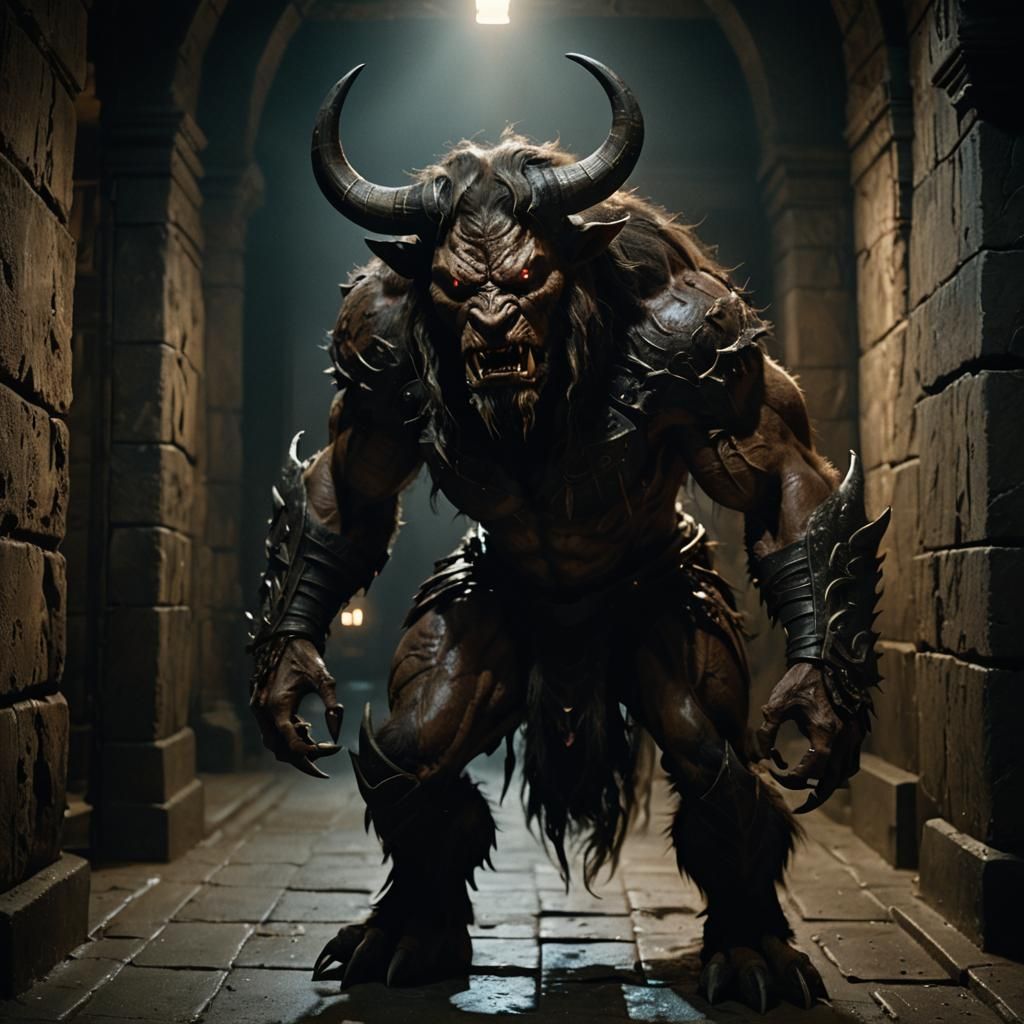 Menacing Minotaur Creature in Dark Film Noir Scene