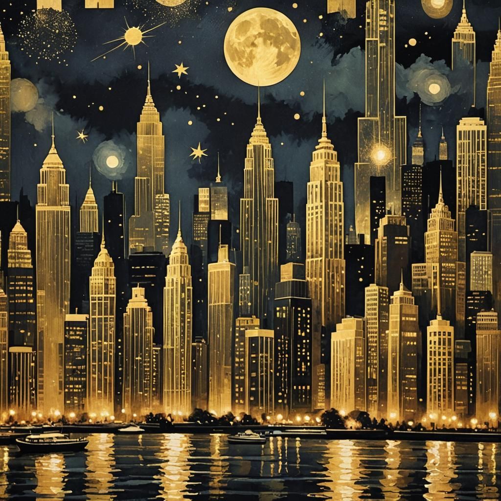 Art Deco Cityscape at Night with River Reflections