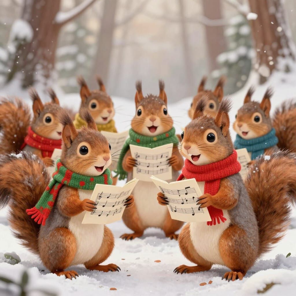 Beatrix Potter Style Squirrels Singing Carols in Snow