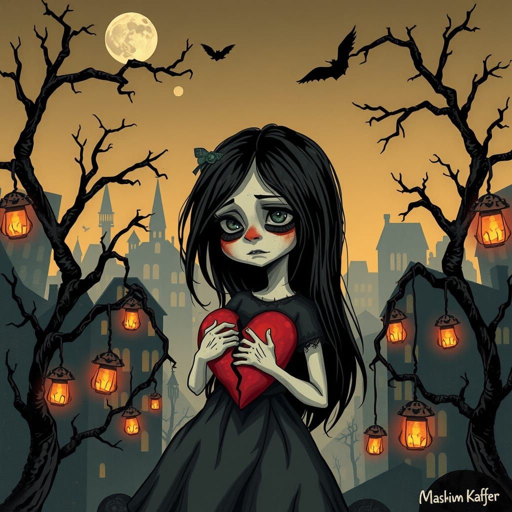 Sorrowful Emo Girl in Haunting Dark Cityscape