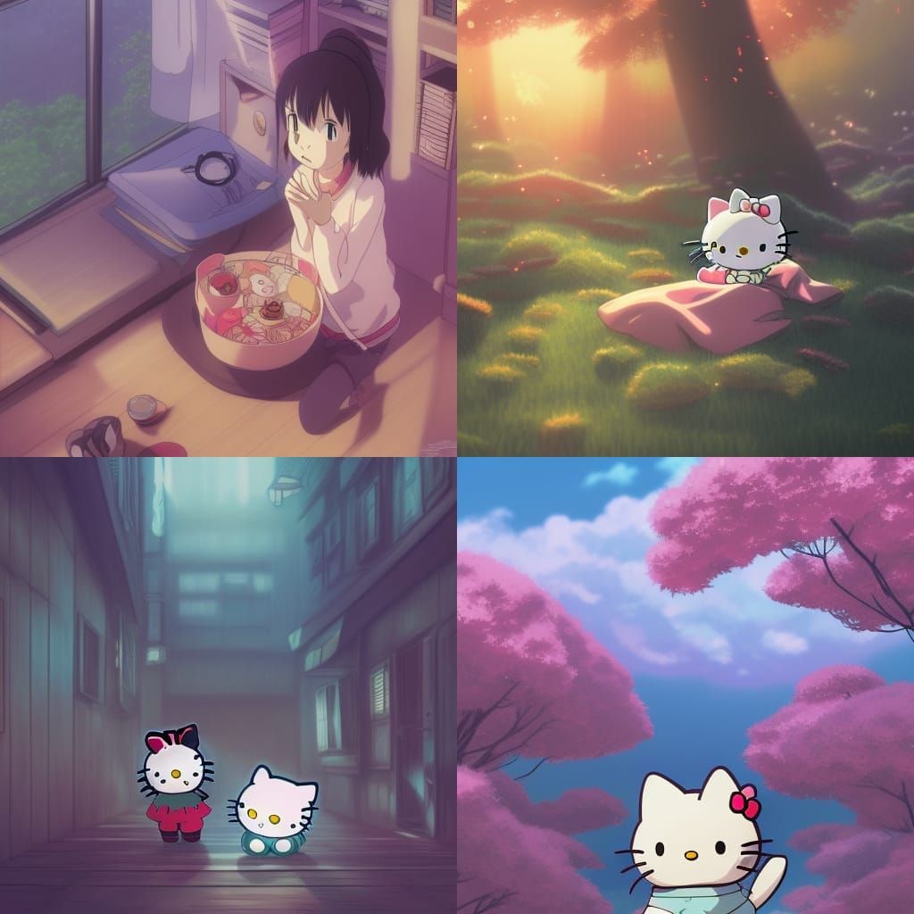 Hello Kitty in Studio Ghibli Anime Style