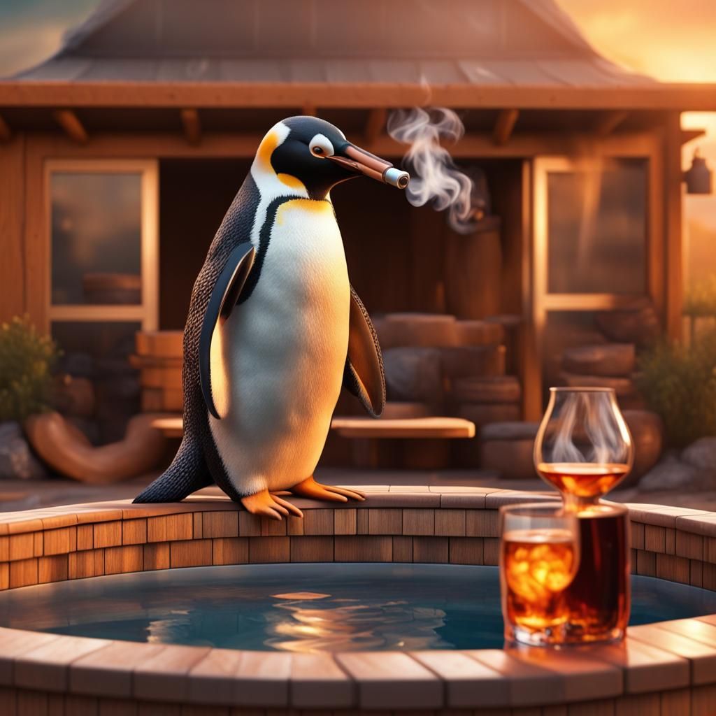 wood fired hot tub, penguin drinking whiskey and holding cig...