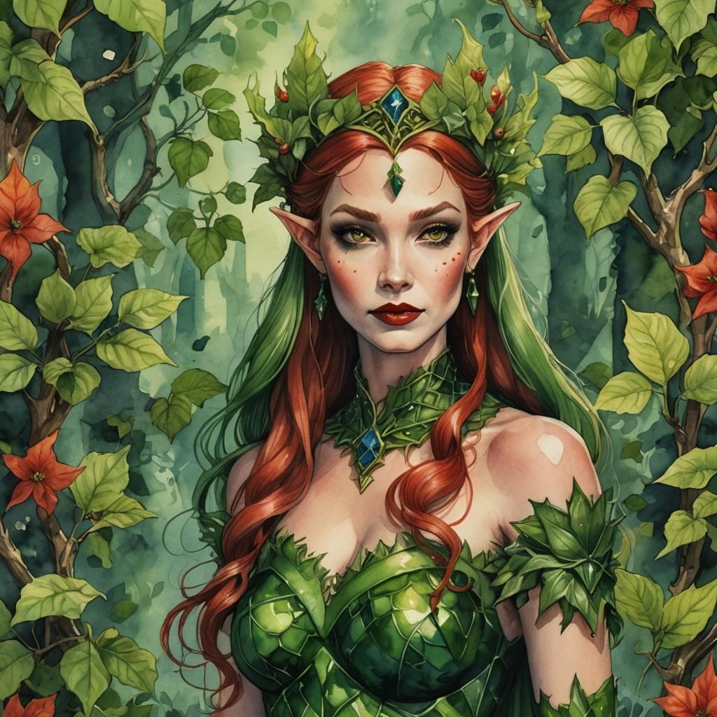 Poison Ivy as Elven Queen in Watercolor