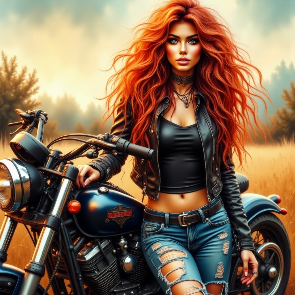 Fiery Redhead Rides Her Chrome Motorcycle at Sunset