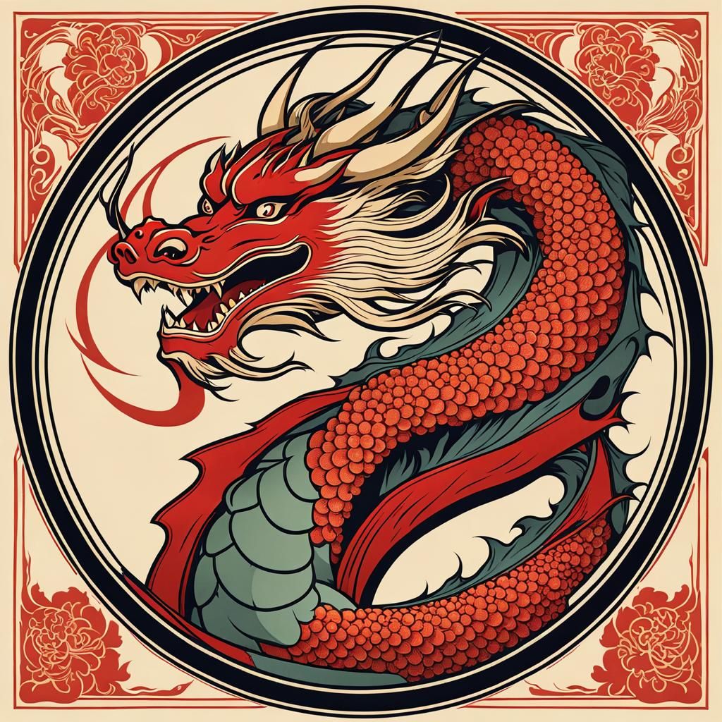 Japanese Dragon Vintage Poster in Alphonse Mucha Style