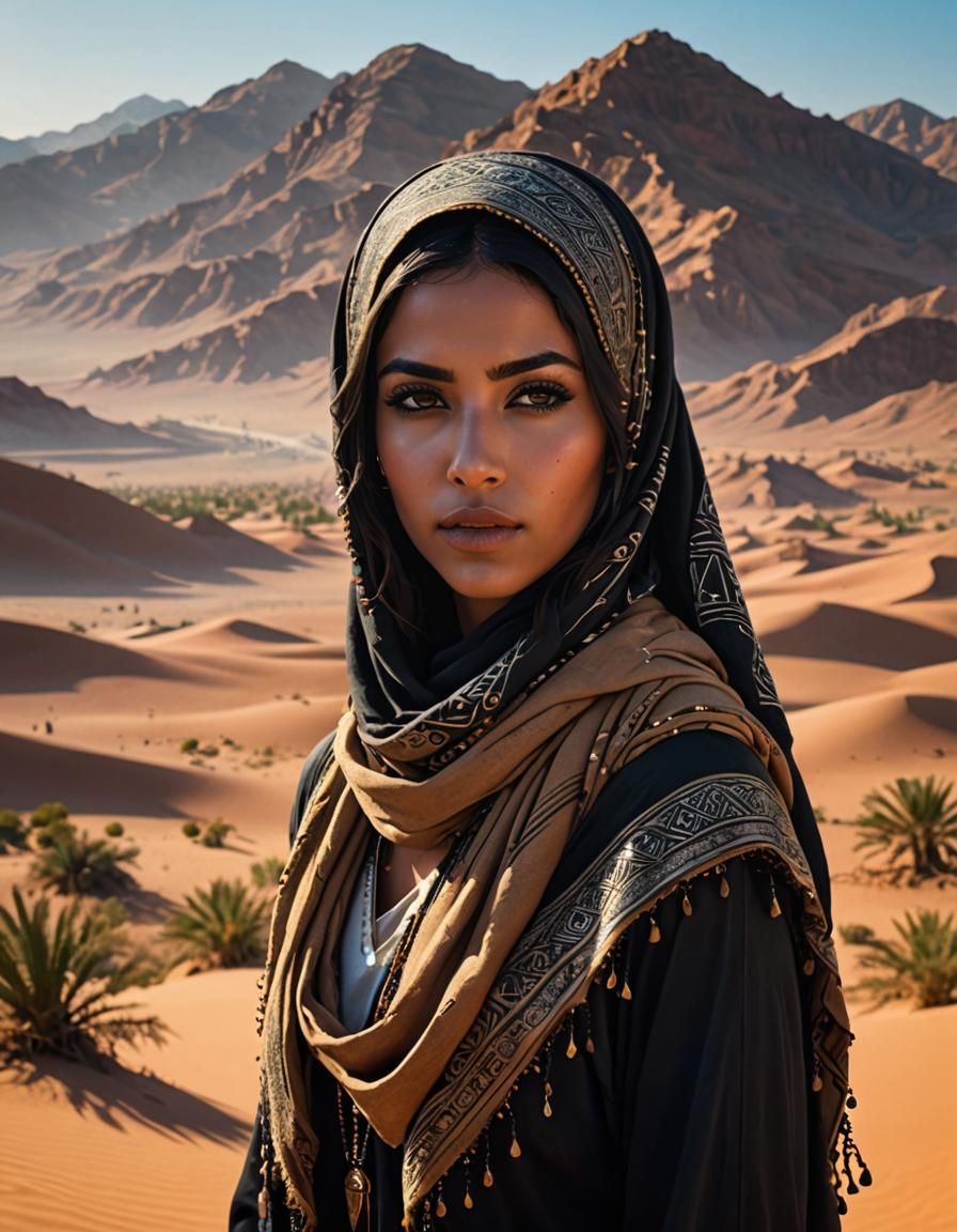 Cyberpunk Arab Woman in Desert Landscape