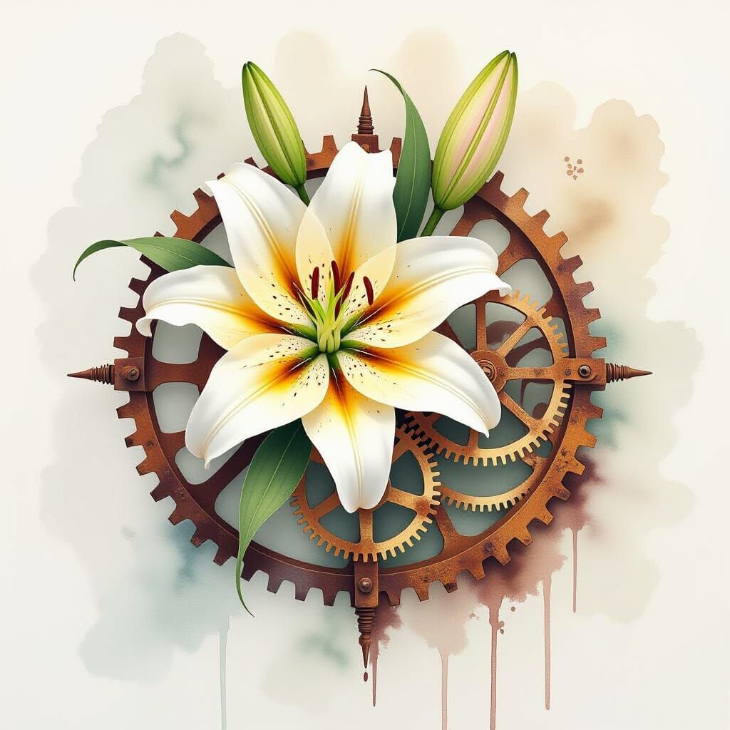 Lily Intertwined with Gears in Watercolor Style