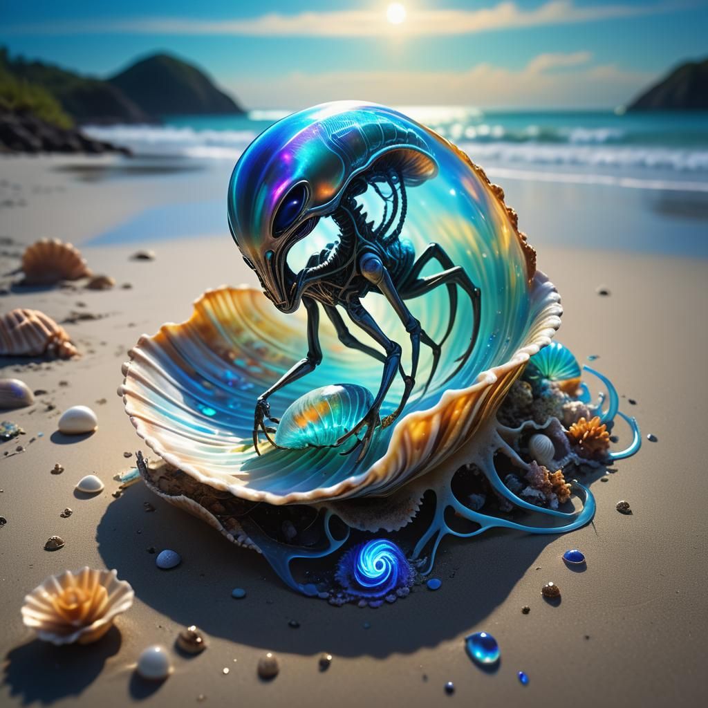 Bioluminescent Alien Creature on Exoplanet Beach