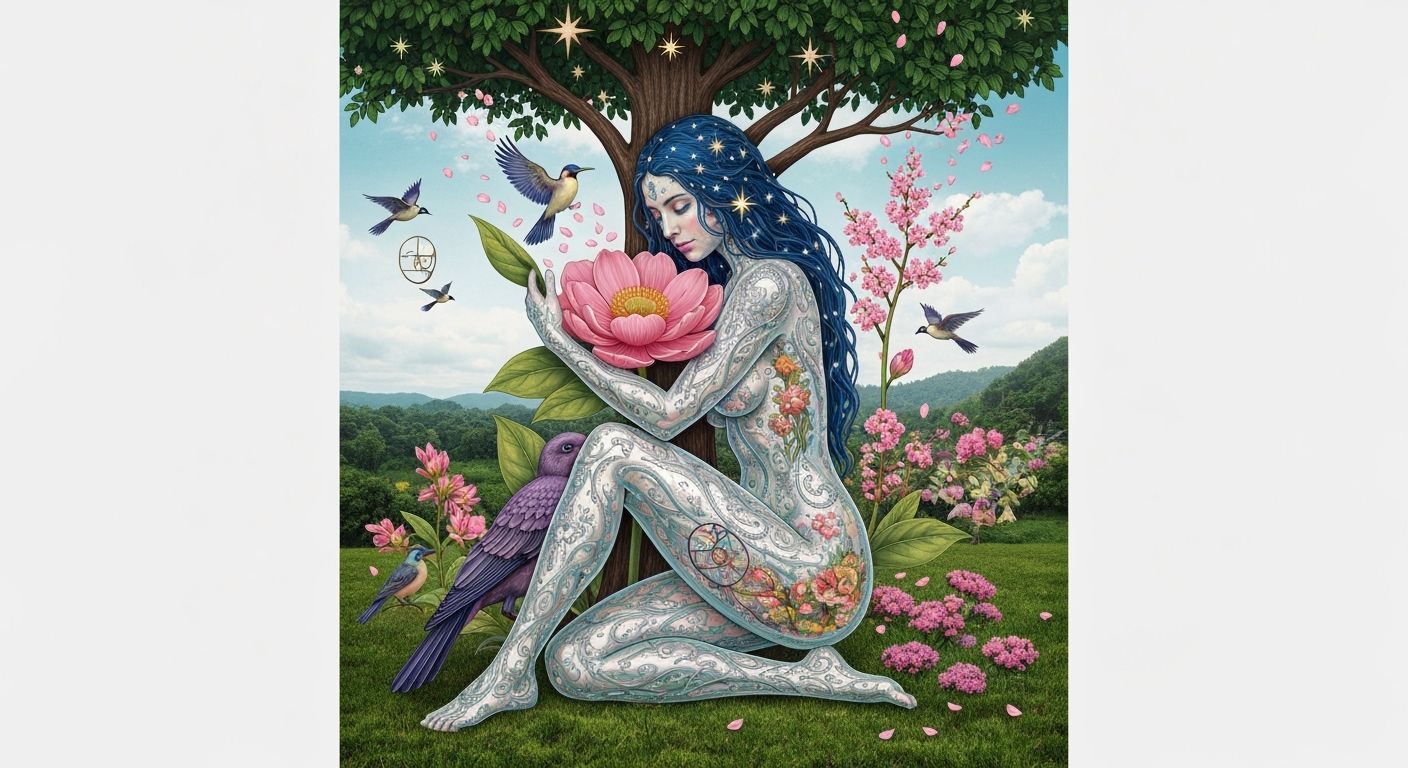 Surreal Fragmented Sculpture of Woman Embracing Tree