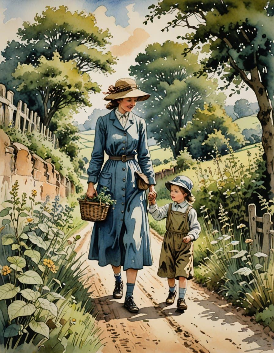 Mother and Child Discover Nature in a Quaint Countryside Sce...