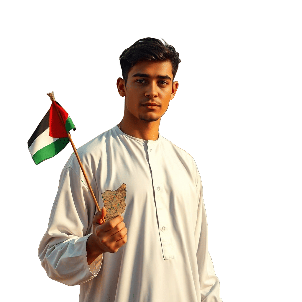 Confident Arab Young Man with Palestinian Flag in Traditiona...