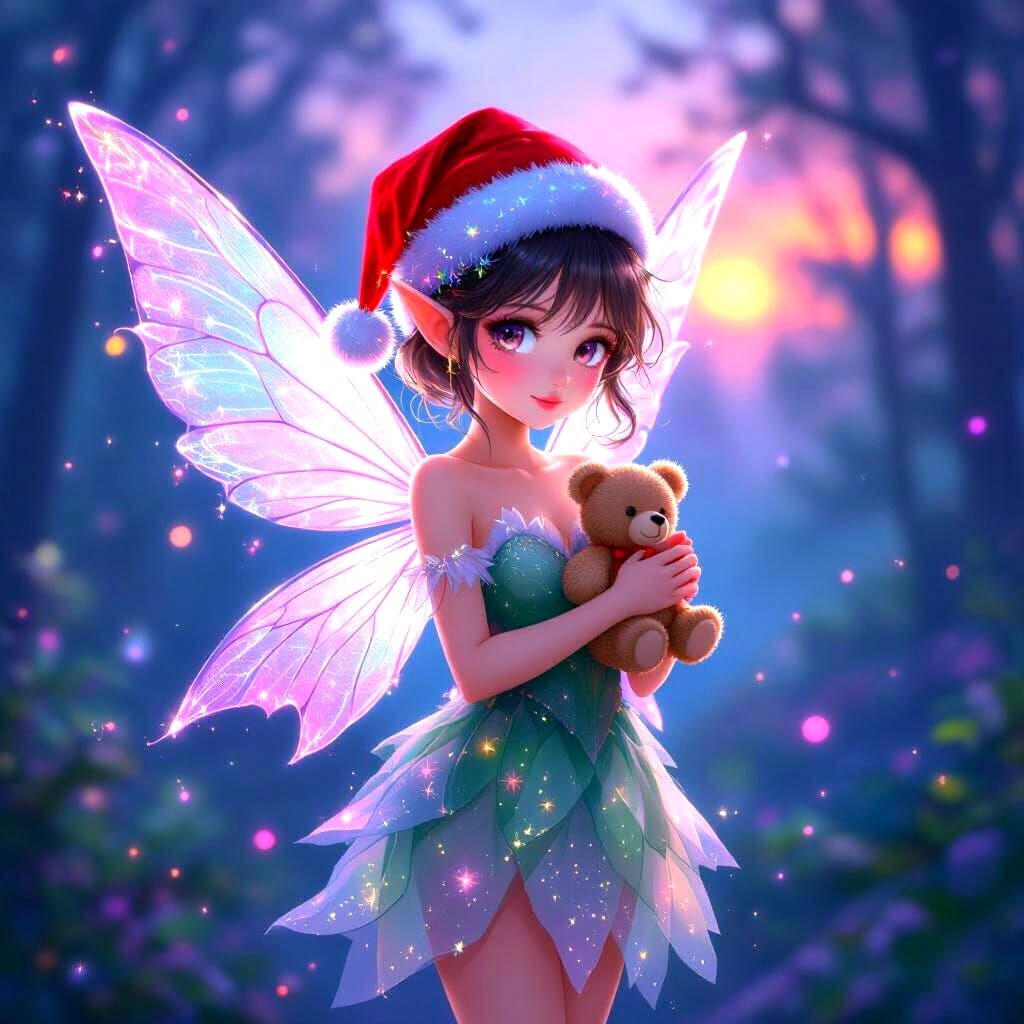 Anime Fairy in Purple Aura with Teddy Bear