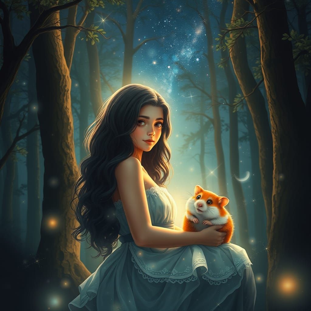 Ethereal Forest Scene with Girl and Hamster
