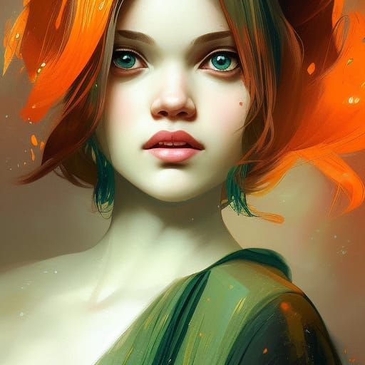 India Eisley Portrait in Dark Green and Orange Dress