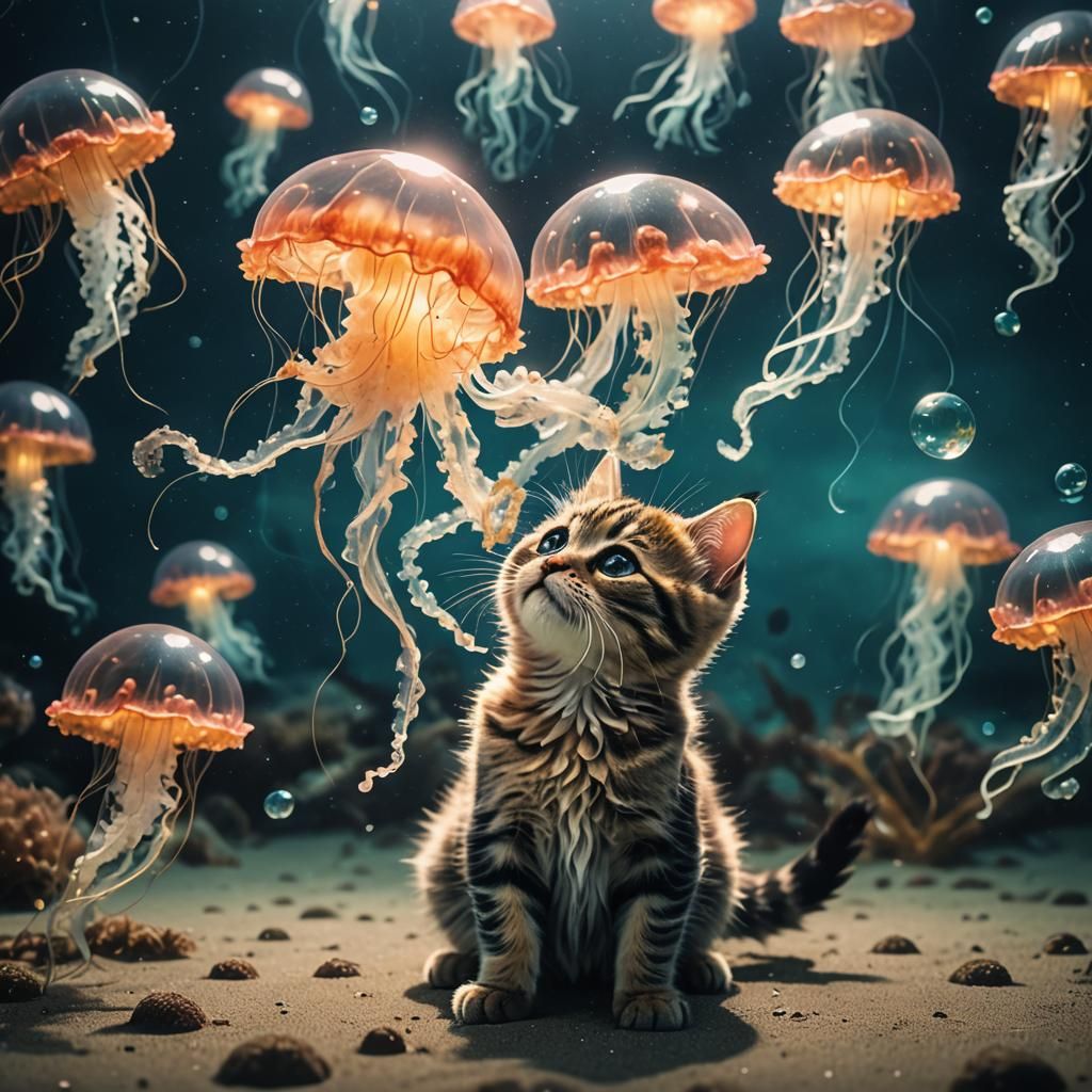 Surreal Kitten and Jellyfish Fusion in Ocean