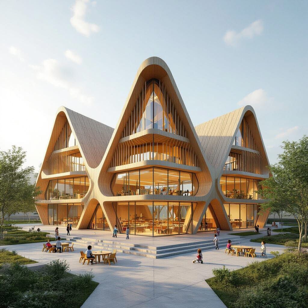 Futuristic Organic School Design with Timber Fins