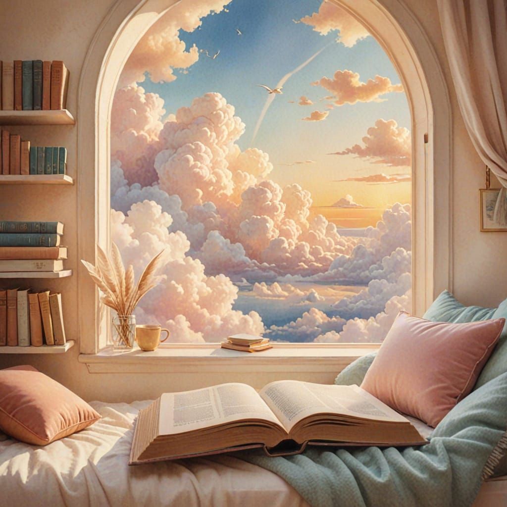 Cozy Reading Nook in Giant Book, Watercolor Style