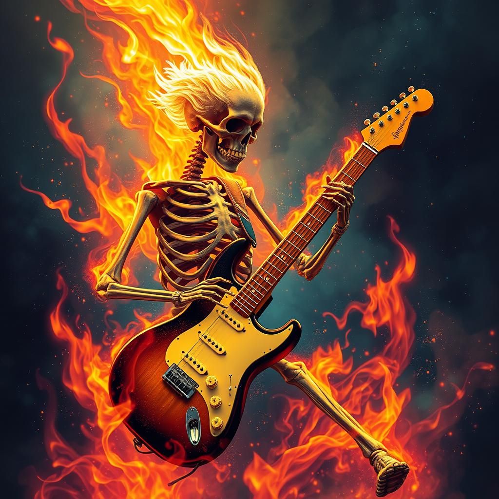 Flaming Skeleton Guitarist in Astral Art Style
