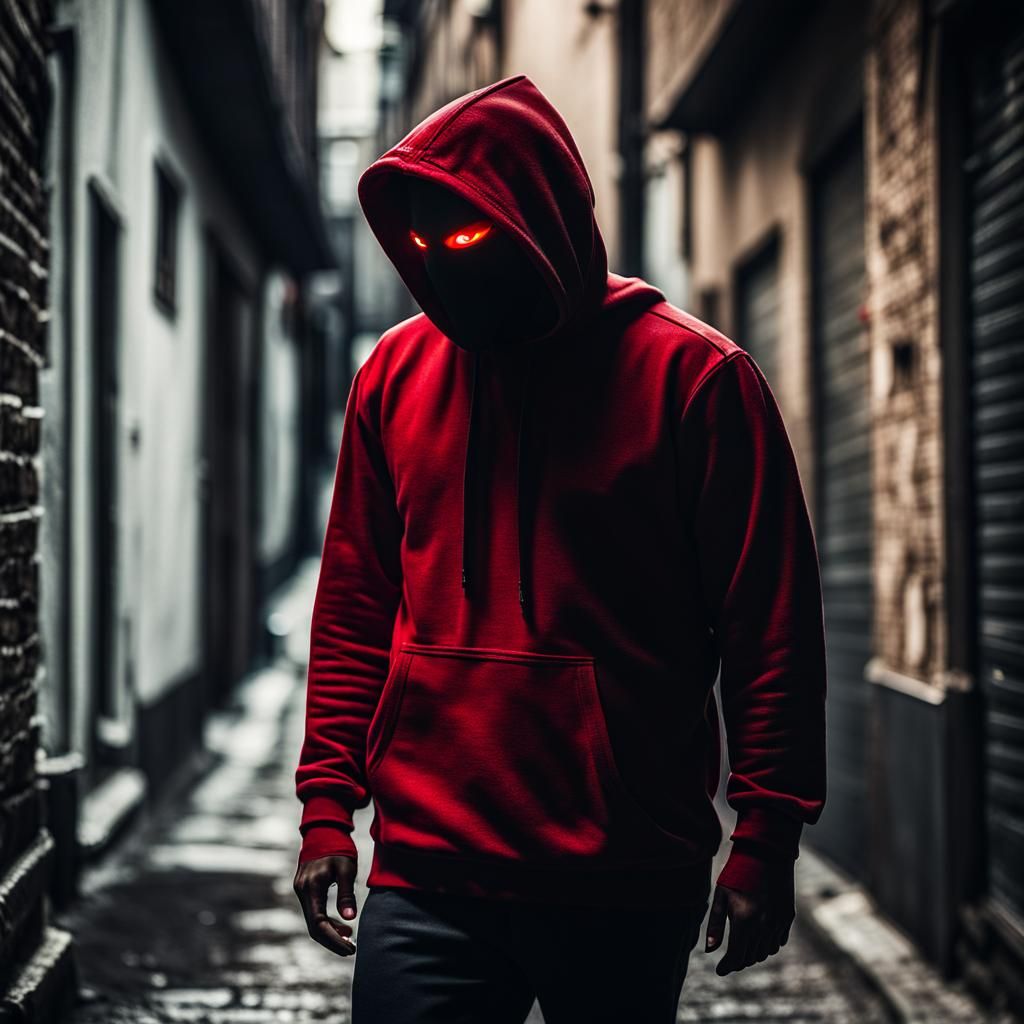 Eerie Hooded Figure with Glowing Eyes in Dark Alley