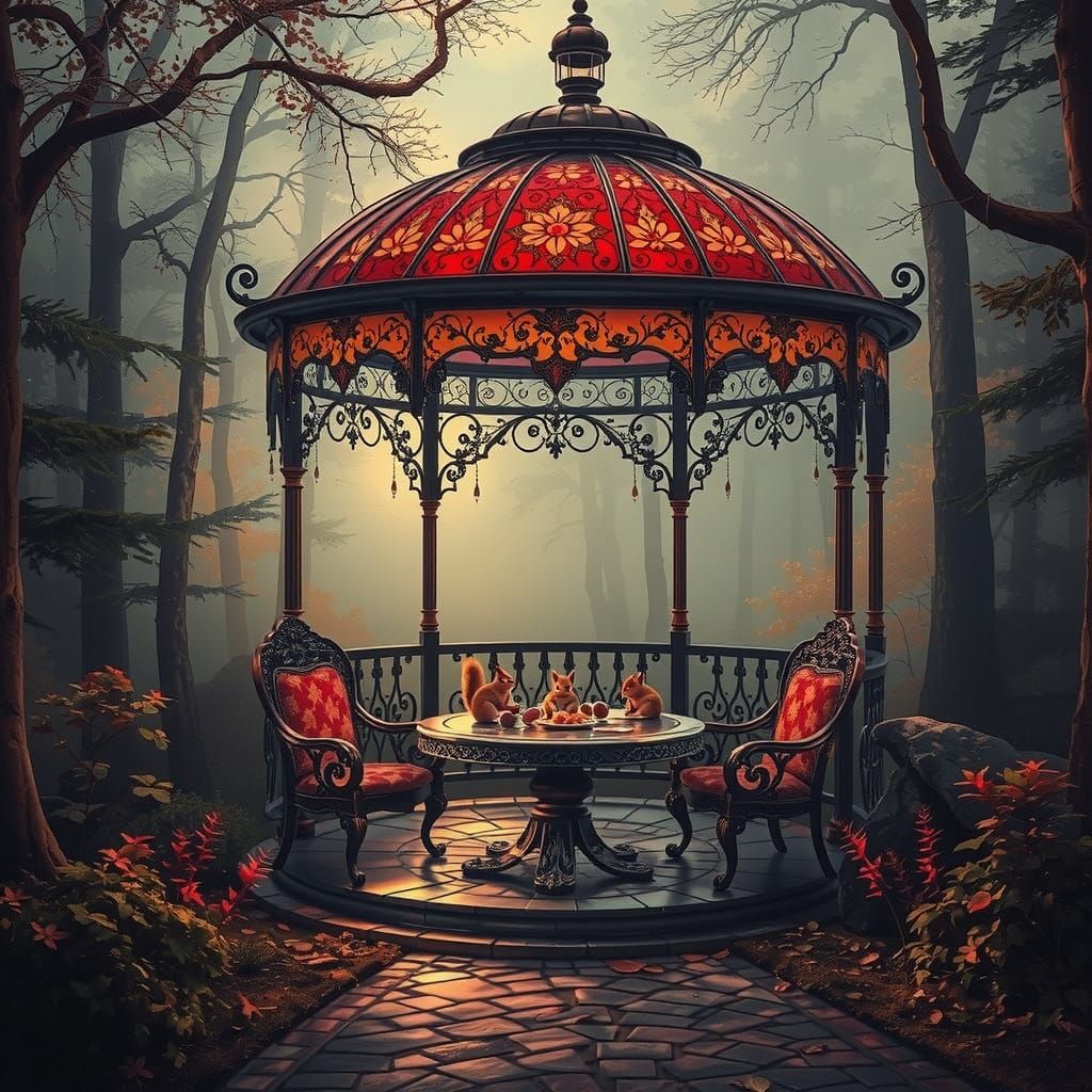 Whimsical Stained Glass Gazebo Scene in a Muted Watercolor S...