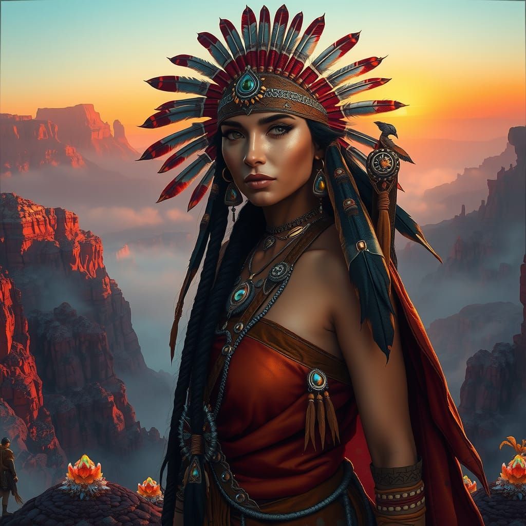 Apache Woman in Canyon Landscape, Matte Painting
