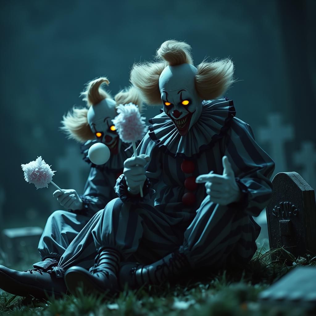Scary Clowns in Graveyard with Glowing Eyes
