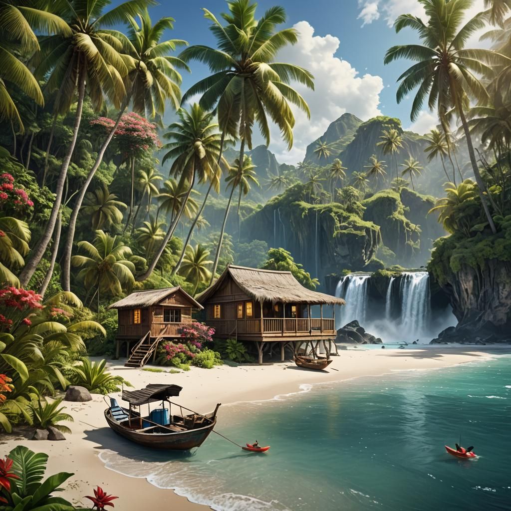 Tropical Island Paradise with Waterfalls and Cabin