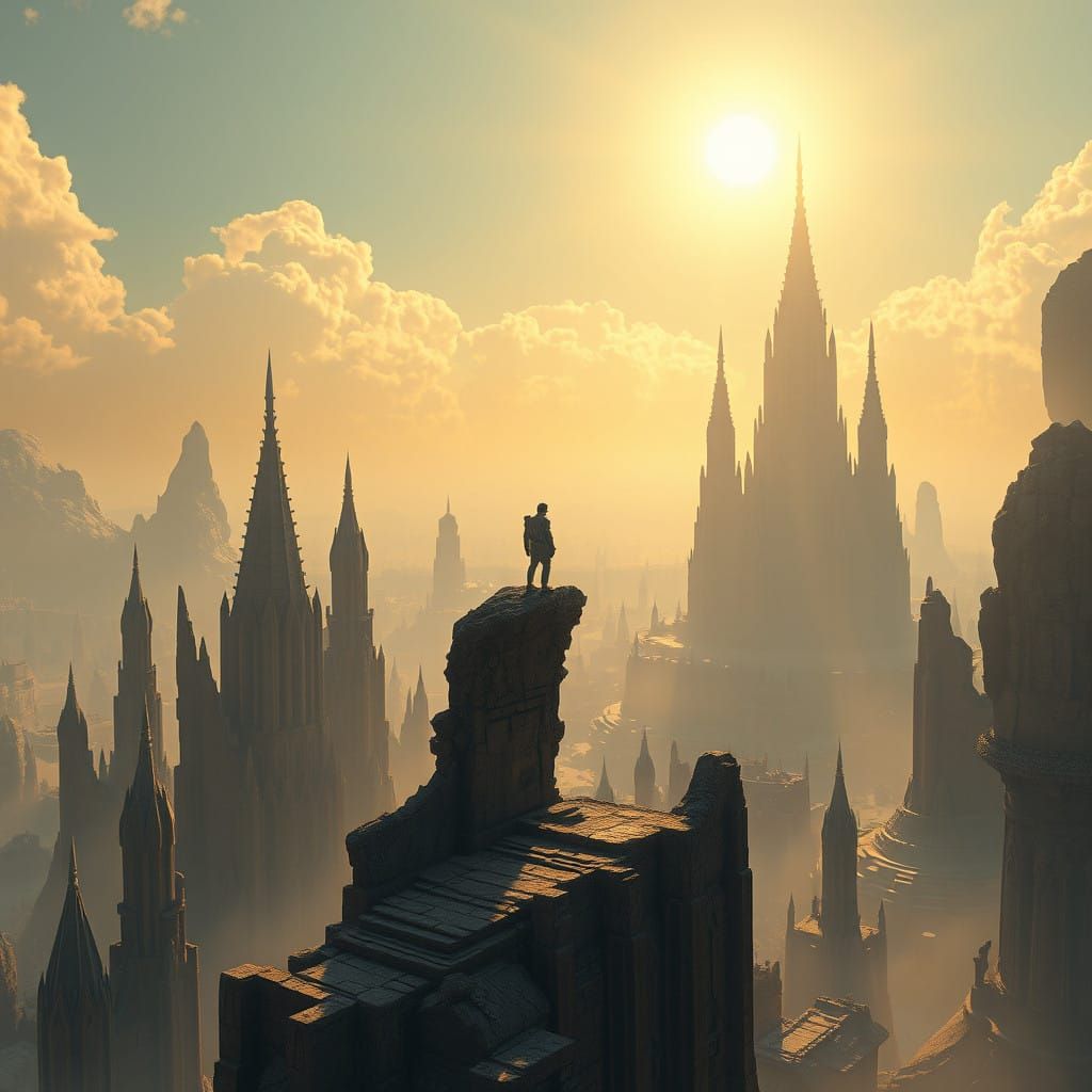 Majestic Human Figure in Futuristic, Dreamlike Landscape