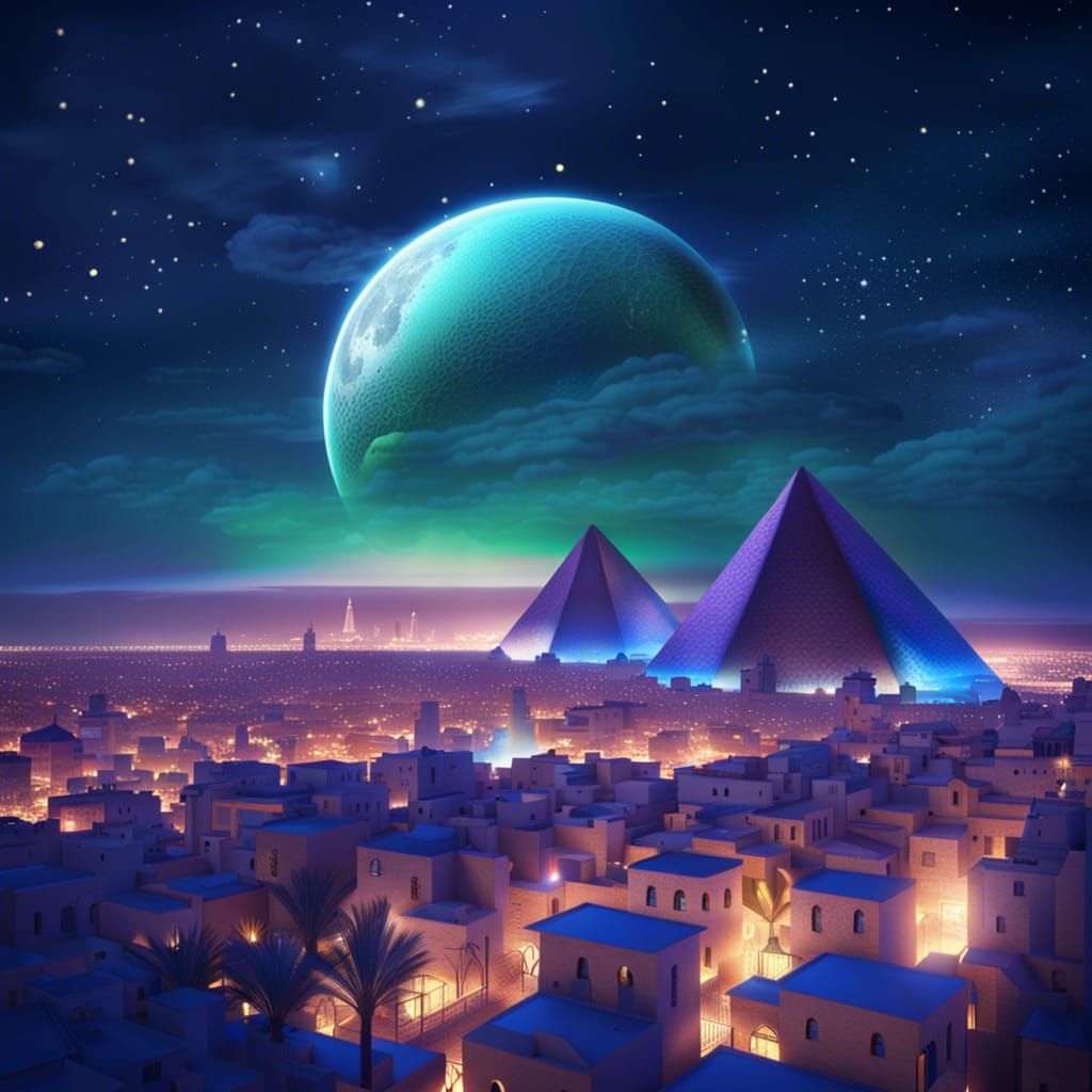 Egyptian City at Night with Aurora Borealis