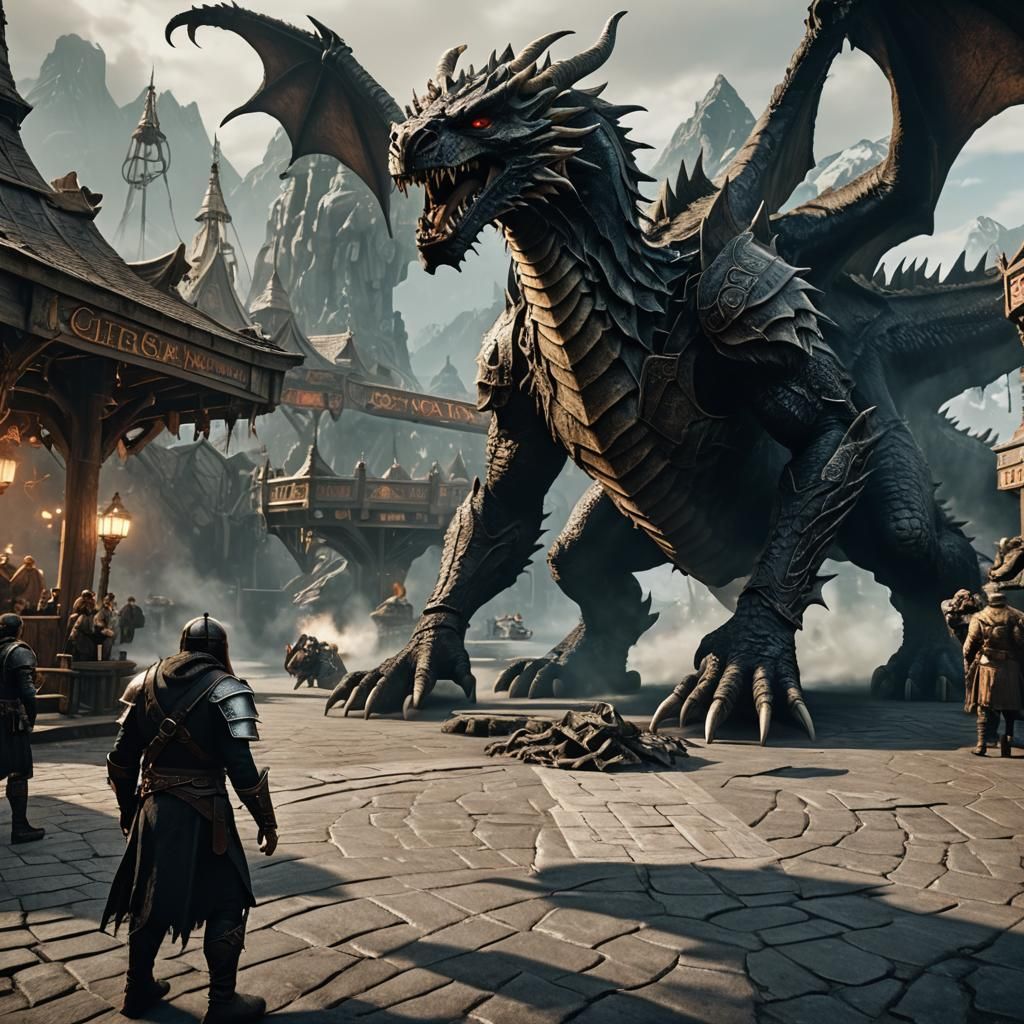 Dragonborn vs Dragon in Modern Amusement Park