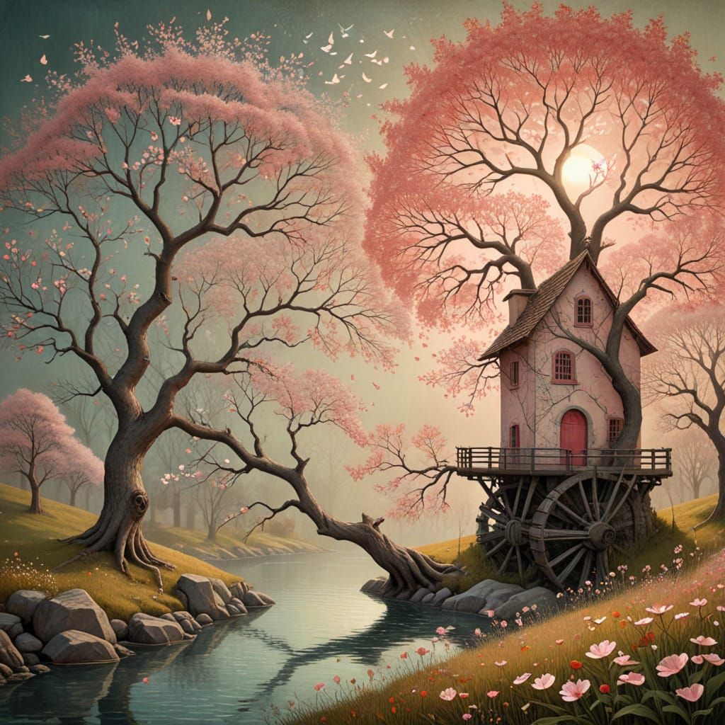 Whimsical Watermill Dreamscape in Vibrant Pink-Red Hues