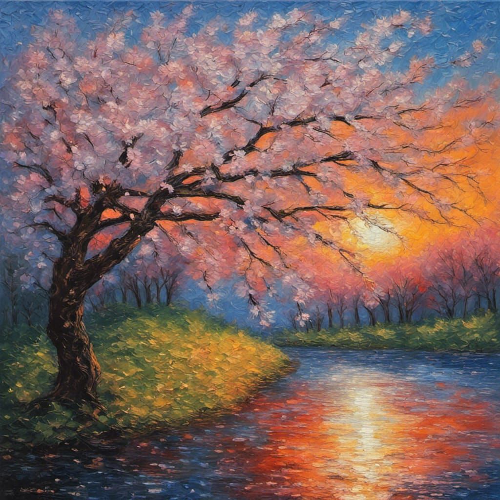 Cherry Blossom Tree Impressionist Oil Painting