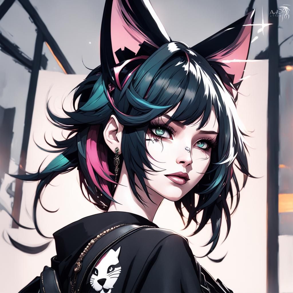 Punk Rock Cat Woman Portrait in Hyperdetailed Style