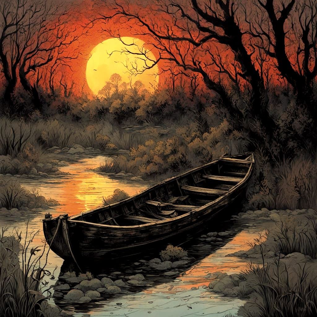 Swamp Boat at Sunset in Engraving Style