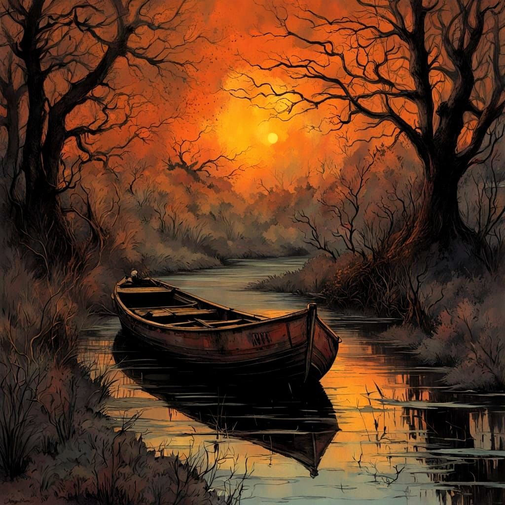 Ominous Swamp River Boat in Color Print Art Style