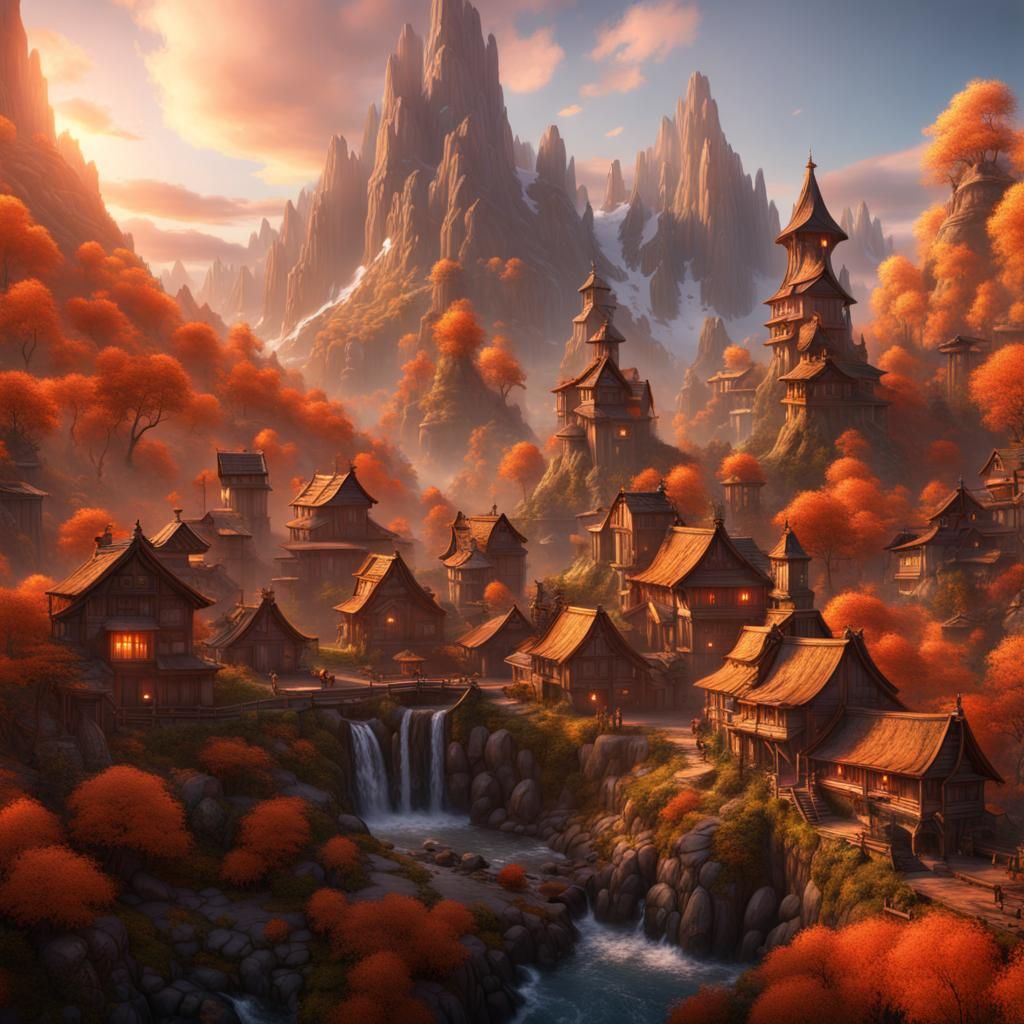 Fantasy Mountain Village at Sunset: Detailed Matte Painting