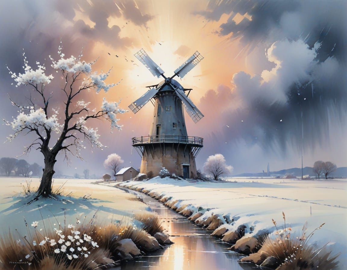 Windmill with Icicle Blossoms in Spring Thaw