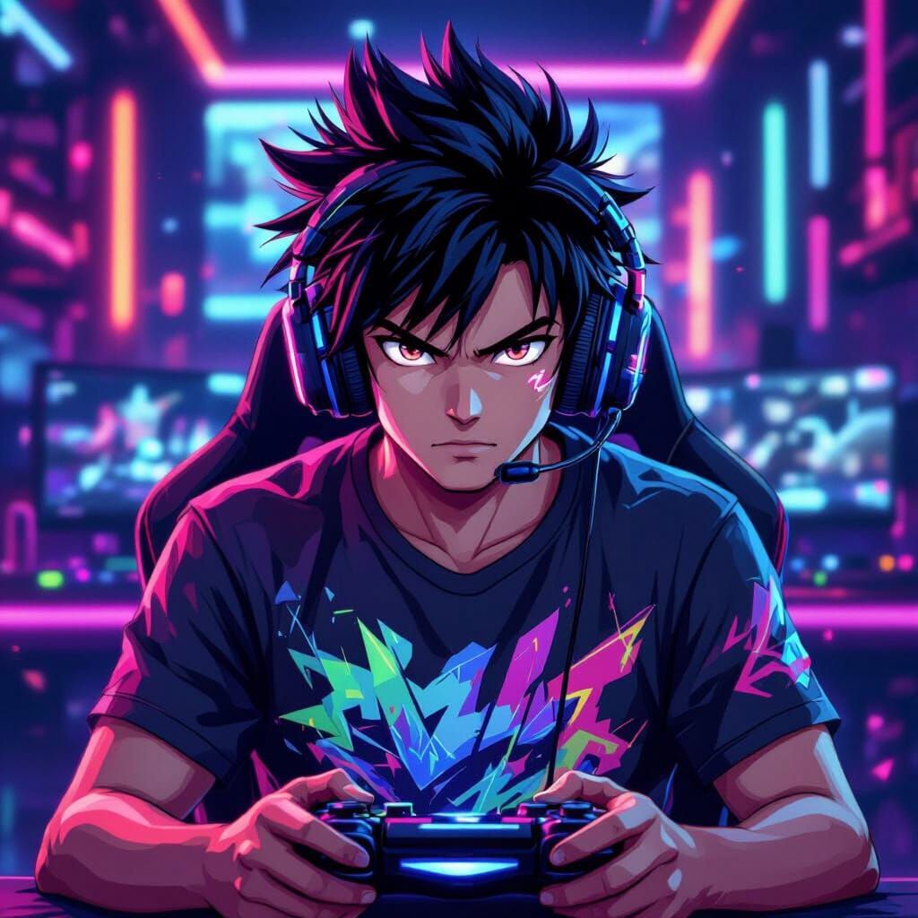 Anime Gamer with Spiky Hair and Neon Room