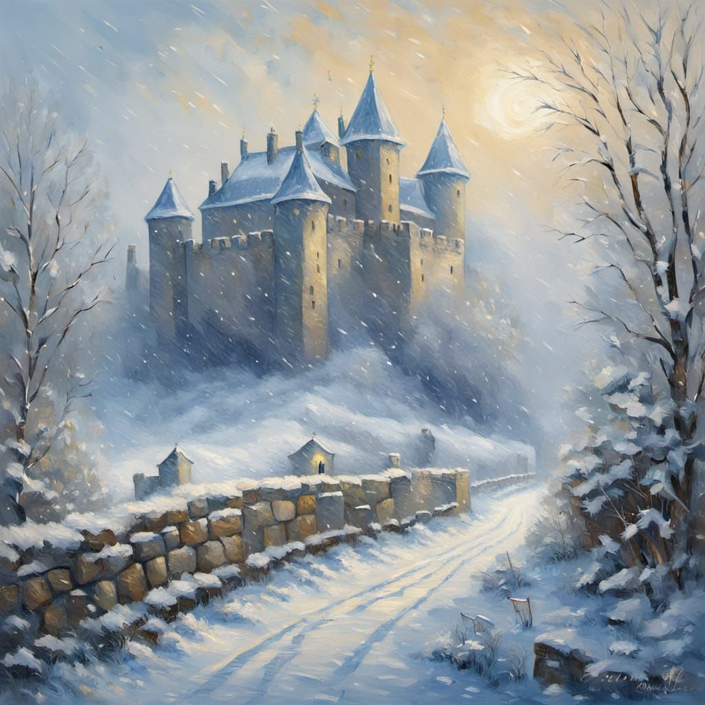 Impressionistic Medieval Castle Scene in Soft, Warm Light